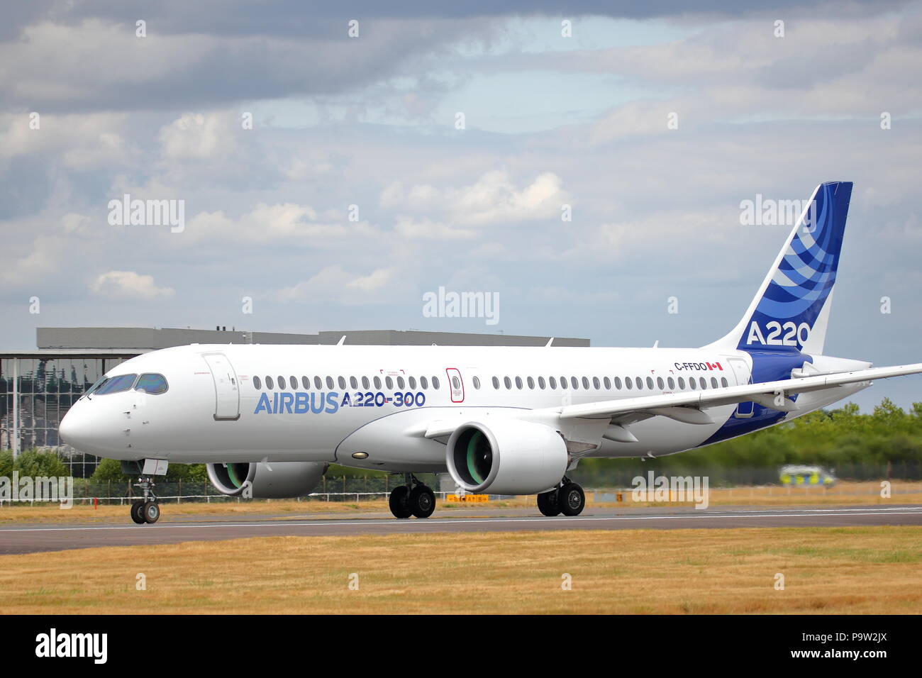 The Airbus A220-300, the latest addition to the Airbus family, showed its agility and maneuverability at the Farnborough International Airshow 2018 Stock Photo