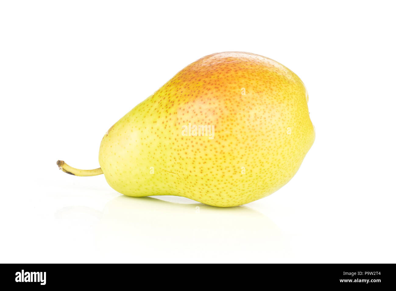 One whole fresh red pear forelle variety side look isolated on white Stock Photo