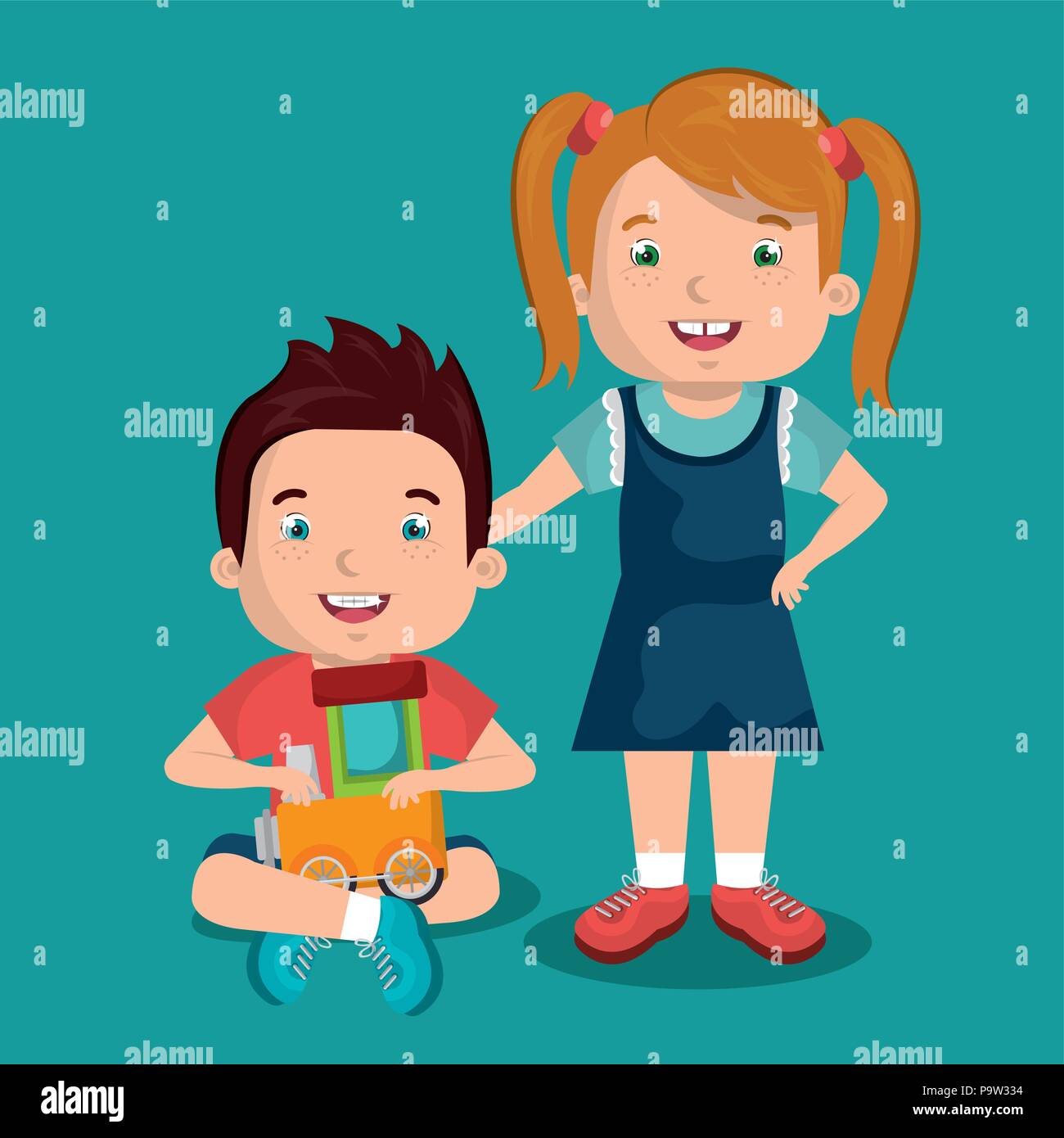little boy and girl playing with toys characters vector illustration ...
