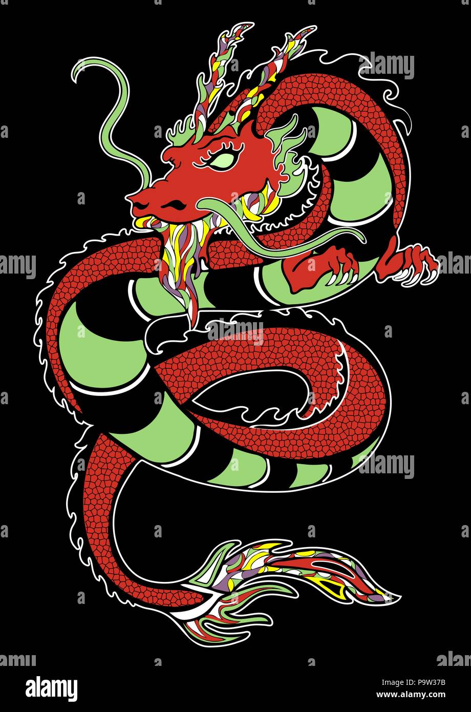 Dragon, decorative hand drawing, print, tattoo sketch, sticker. Colorful drawn snake with patterns and many detailed isolated on black background. Vec Stock Vector