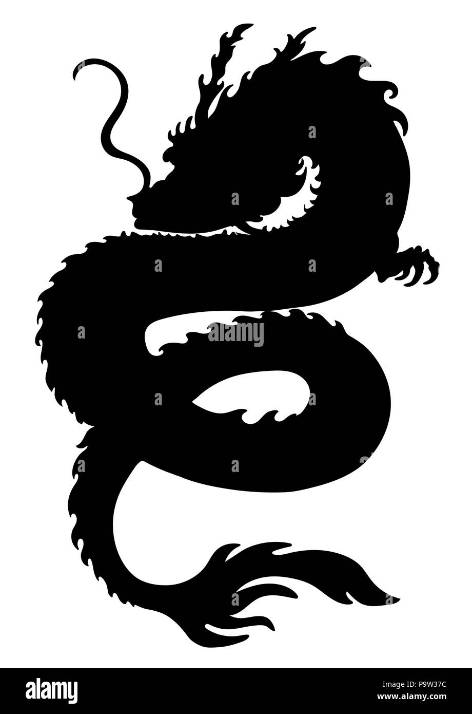 Dragon silhouette, snake shape, icon, logo, outline black and white drawing, stencil, sticker, detailed isolated on white background. Vector illustrat Stock Vector