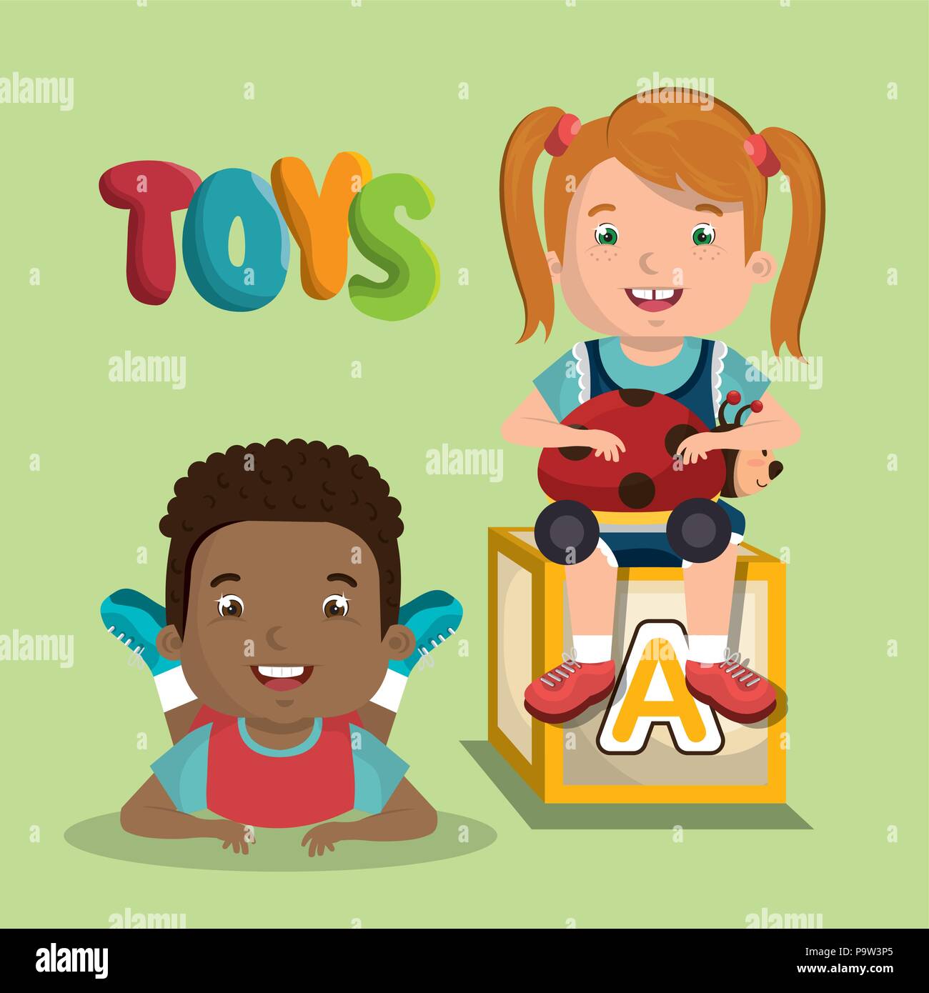 little boy and girl playing with toys characters vector illustration ...