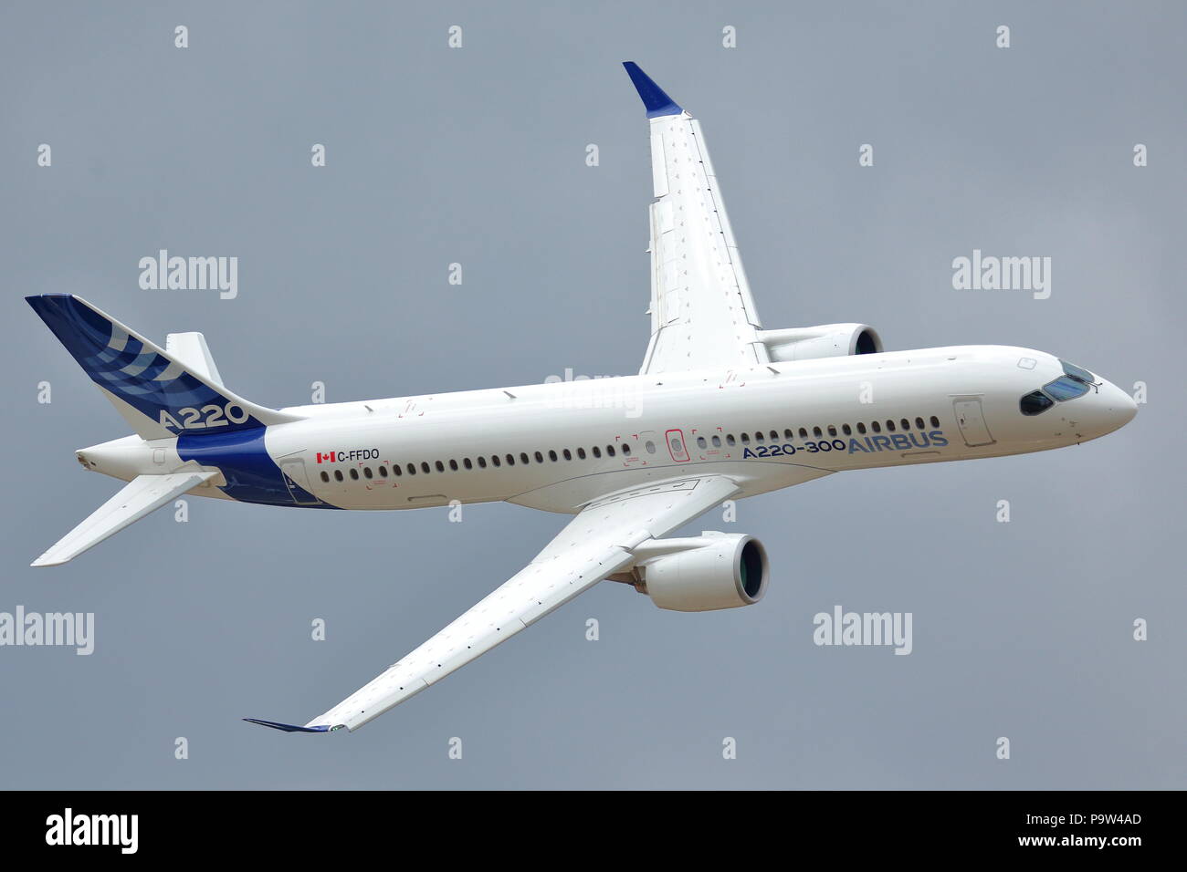 The Airbus A220-300, the latest addition to the Airbus family, showed its agility and maneuverability at the Farnborough International Airshow 2018 Stock Photo