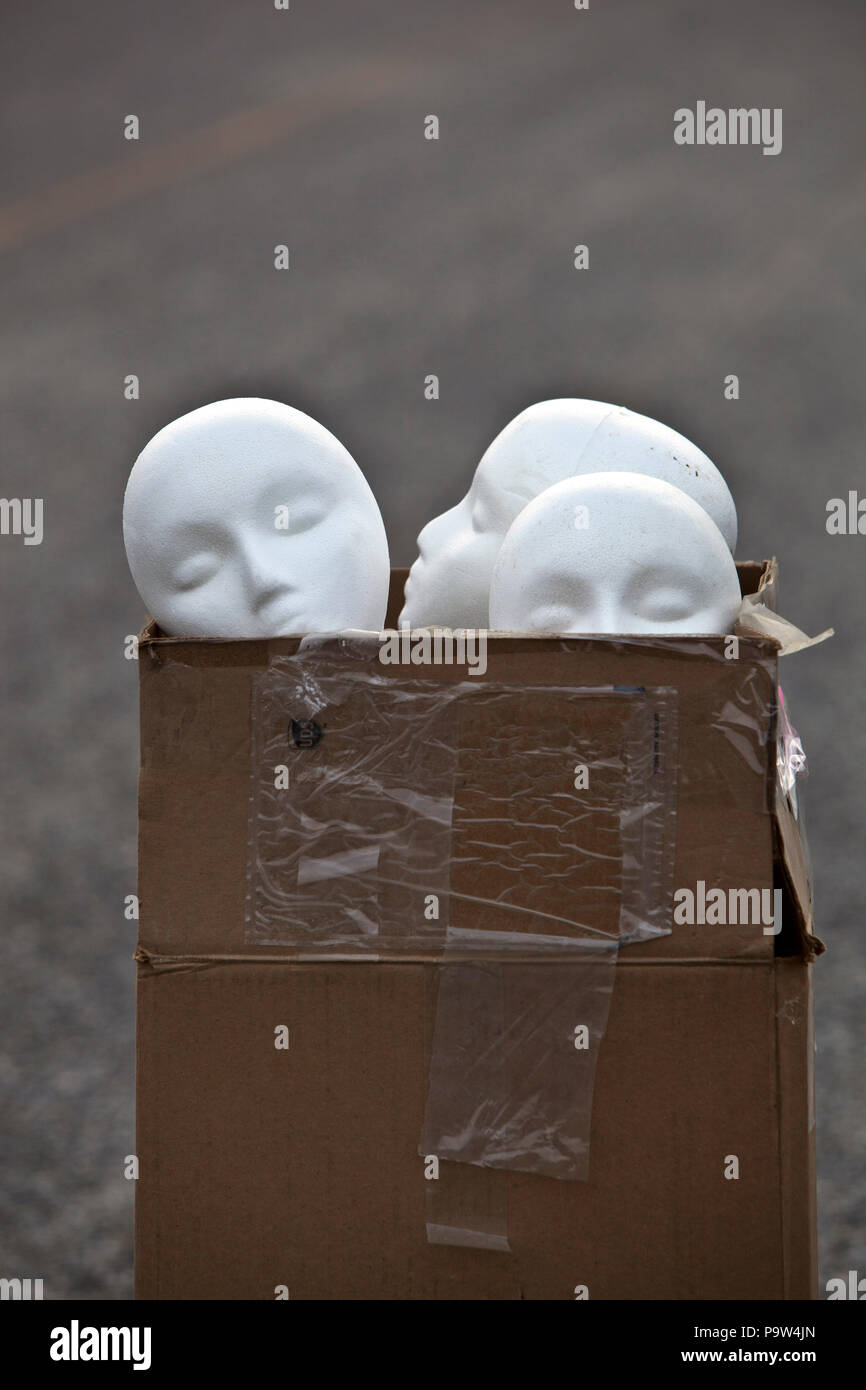 Styrofoam Mannequin heads sitting in a cardboard box in an abandoned parking lot Stock Photo