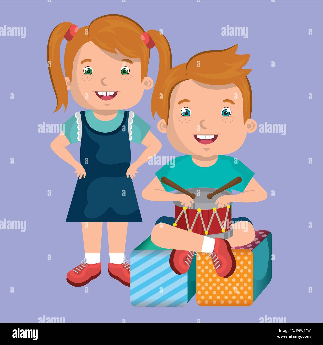 little boy and girl playing with toys characters vector illustration ...