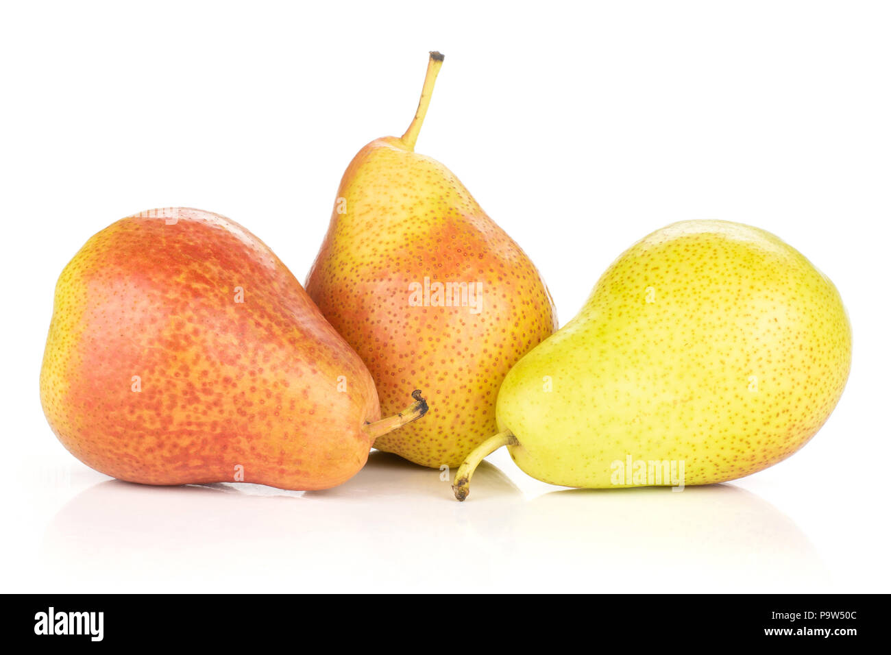 Group of three whole fresh red pear forelle variety set isolated on white Stock Photo