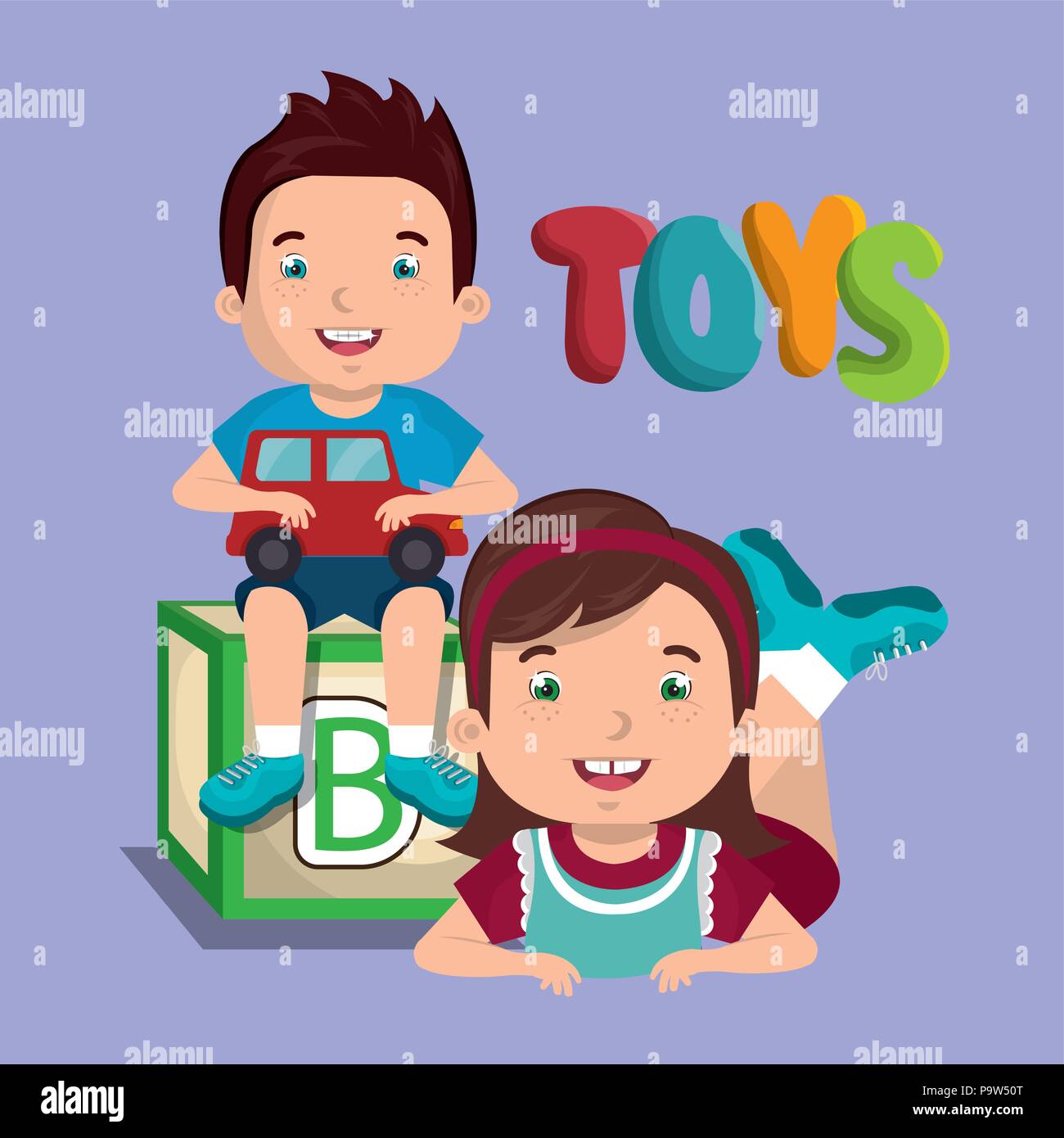 little boy and girl playing with toys characters vector illustration ...