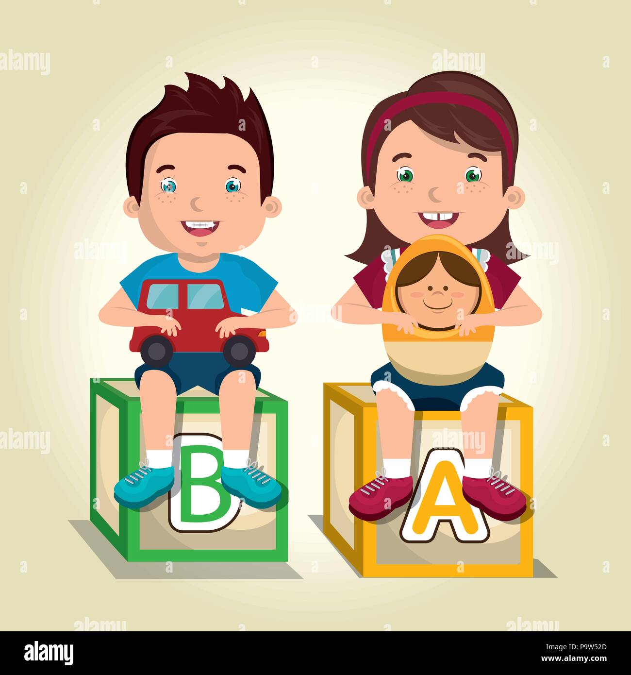 little boy and girl playing with toys characters vector illustration ...
