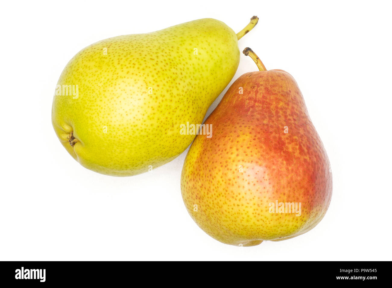 Group of two whole fresh red pear forelle variety flatlay isolated on white Stock Photo