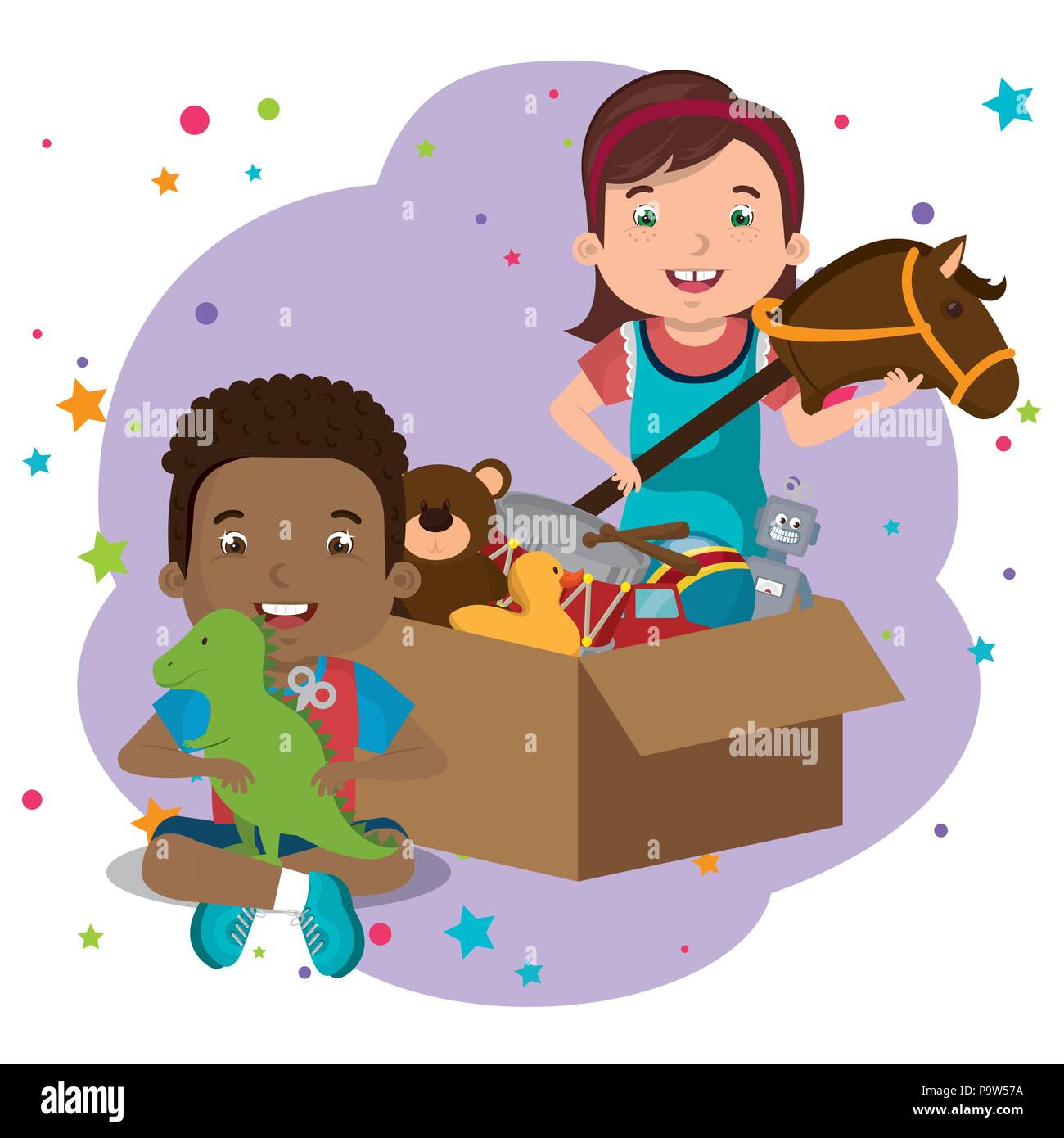 little boy and girl playing with toys characters vector illustration ...