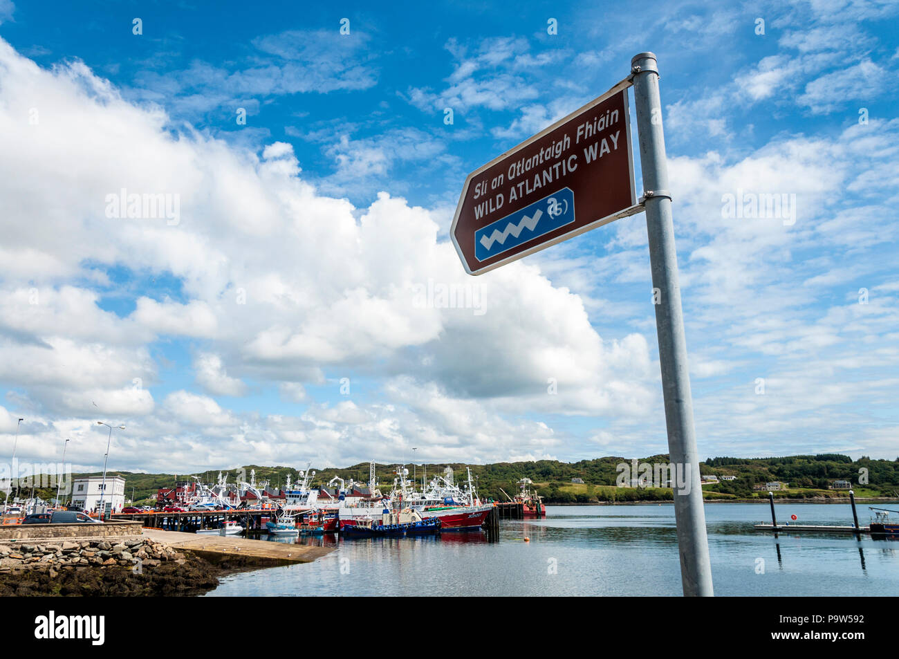 Wild Atlantic Way sign at Killybegs harbour, County Donegal, Ireland Stock Photo