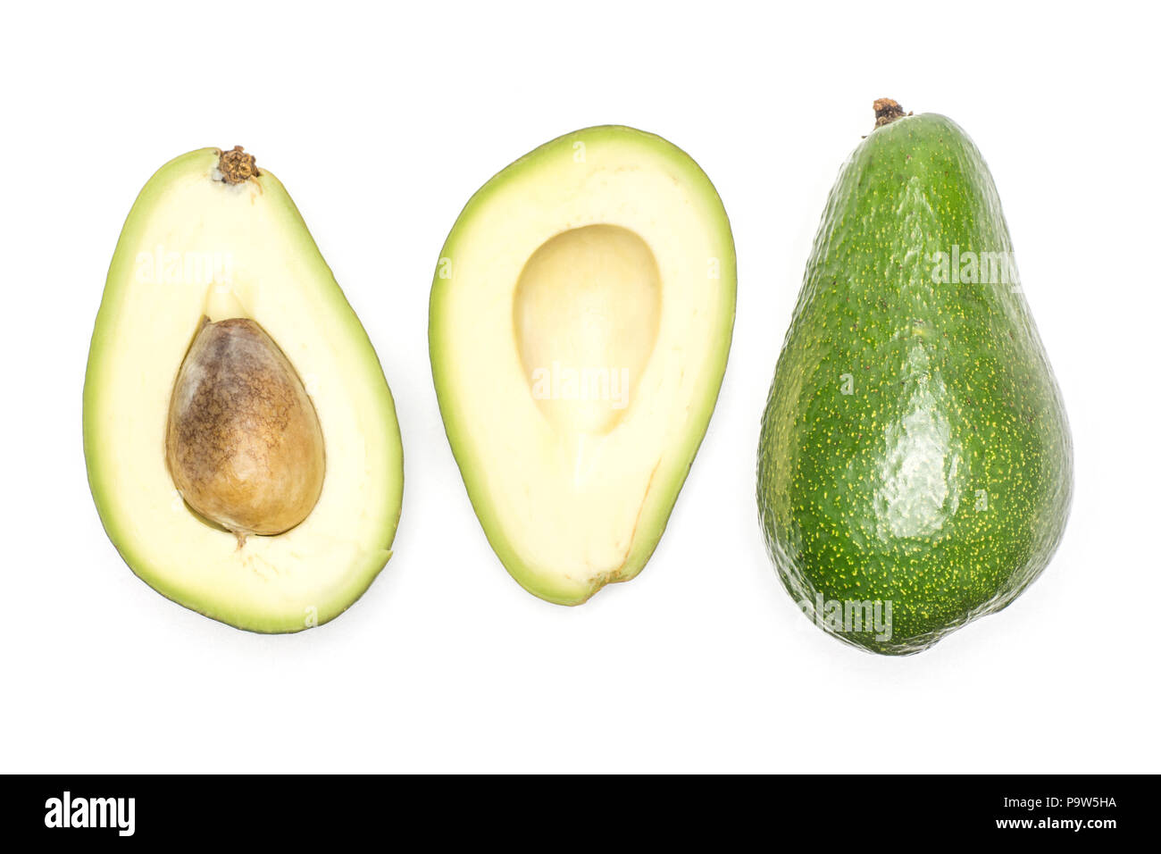 Green smooth avocado collection top view isolated on white background