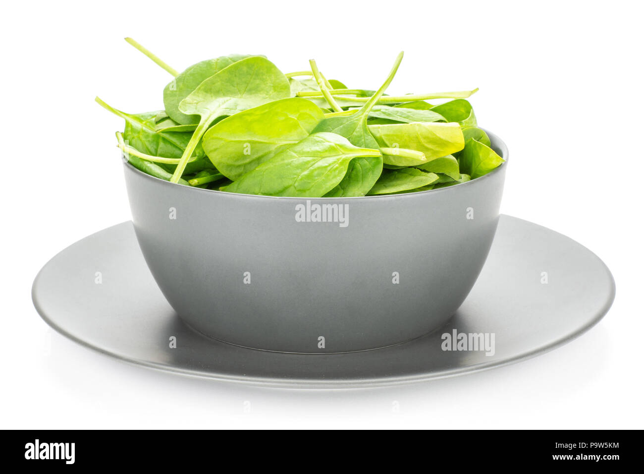 Fresh baby spinach leaves in a grey ceramic bowl isolated on white background Stock Photo