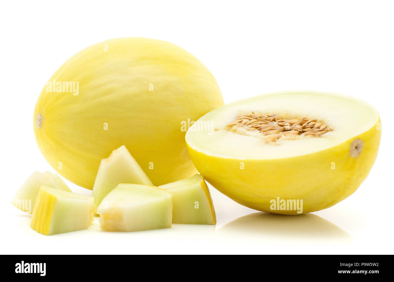 Yellow honeydew melon set isolated on white background one whole one section half with seeds five cut pieces Stock Photo
