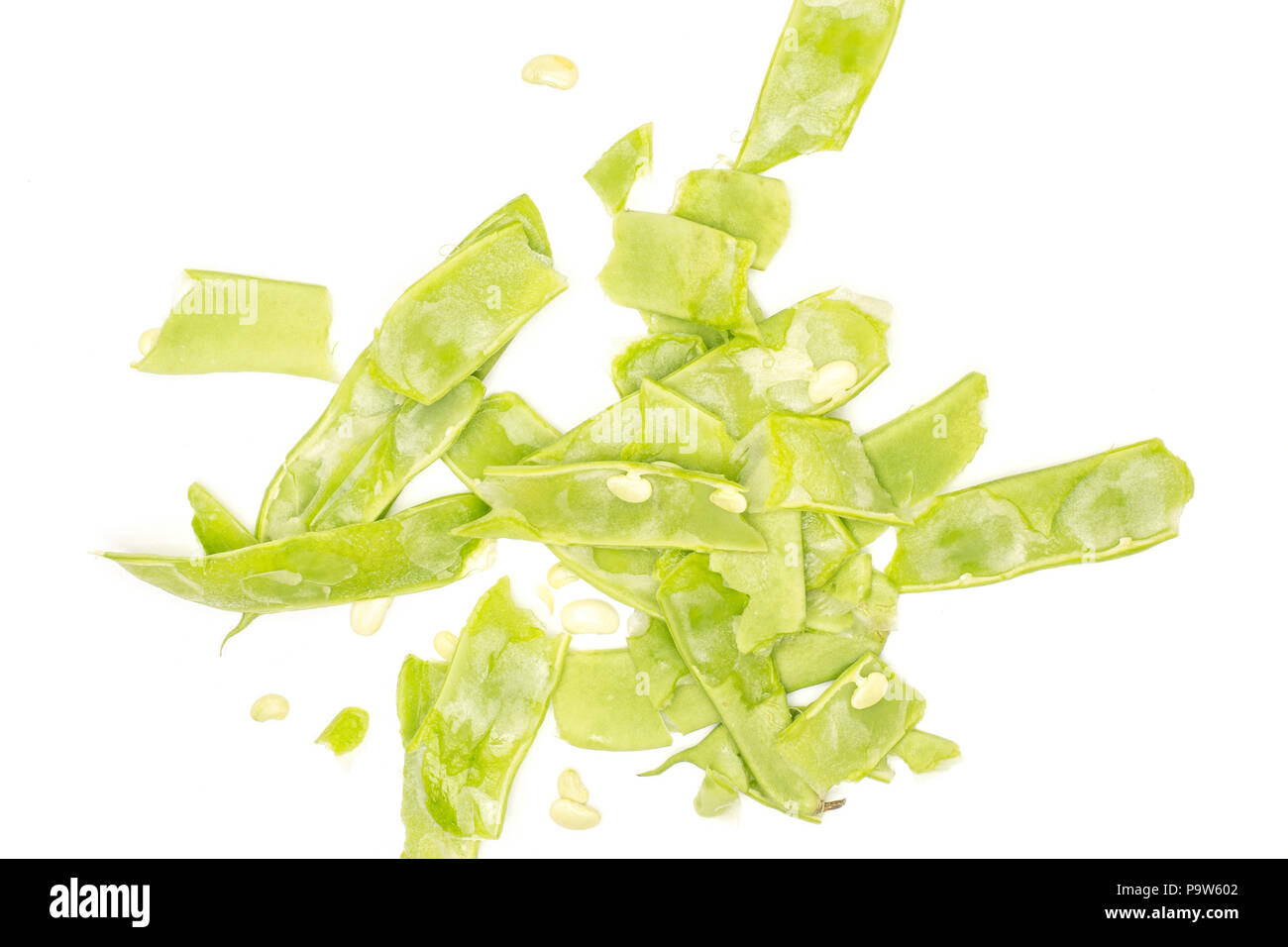 Flat green beans with seeds stack top view isolated on white background