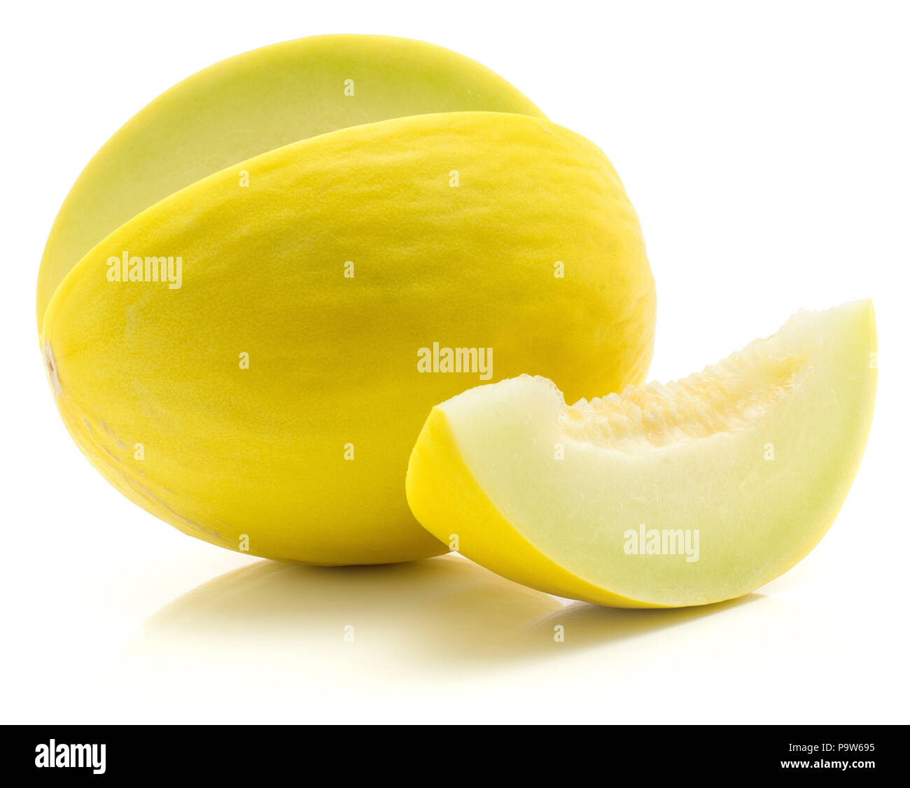 Yellow honeydew melon cut open with separated slice isolated on white background without seeds Stock Photo