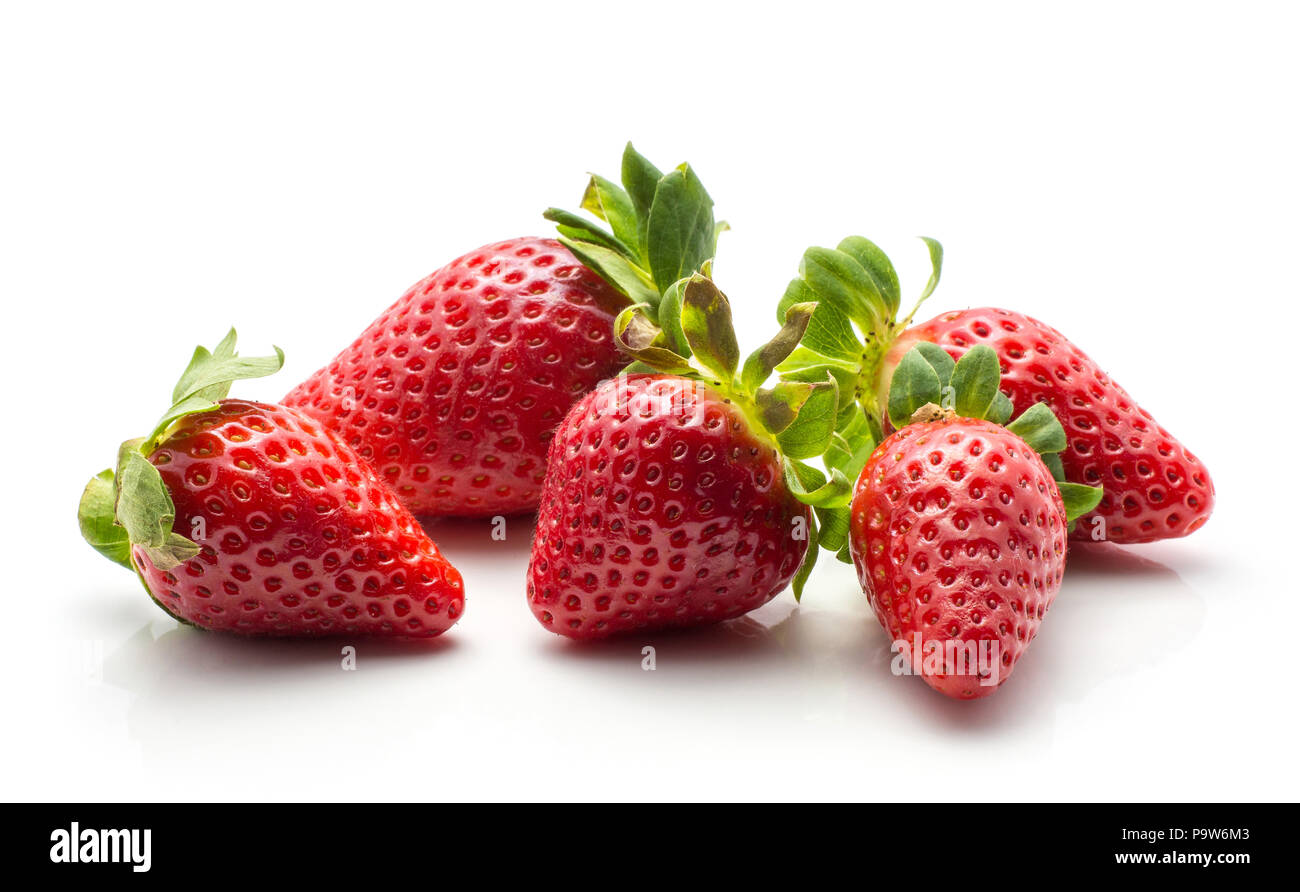 Five garden strawberries isolated on white background ripe and fresh Stock Photo