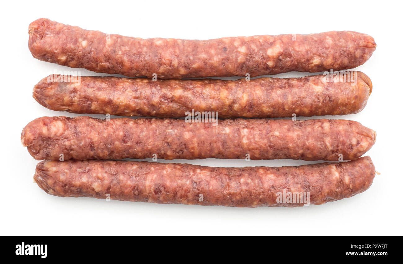 Hungarian dry sausages pepperoni top view isolated on white background four smoked in natural