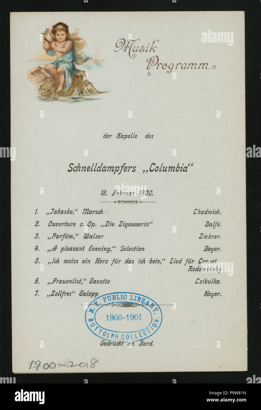 543 DINNER (held by) HAMBURG-AMERIKA LINIE (at) EN ROUTE ABOARD SCHNELLDAMPFER (EXPRESS STEAMER) COLUMBIA (SS;) (NYPL Hades-272907-4000008237) Stock Photo