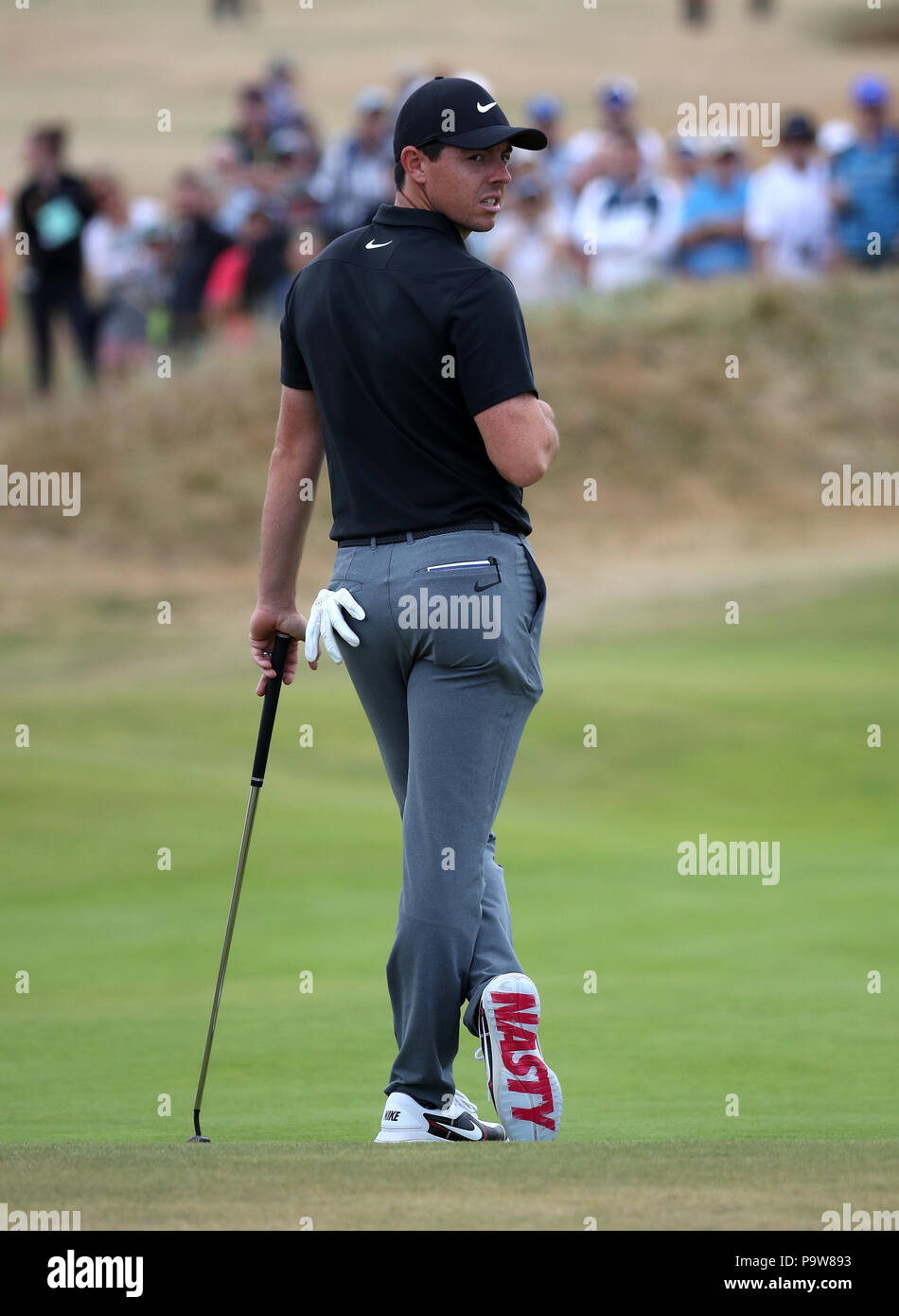 A view of Northern Ireland's Rory McIlroy's shoes reading 'NASTY' during day one of The Open Championship 2018 at Carnoustie Golf Links, Angus. Stock Photo