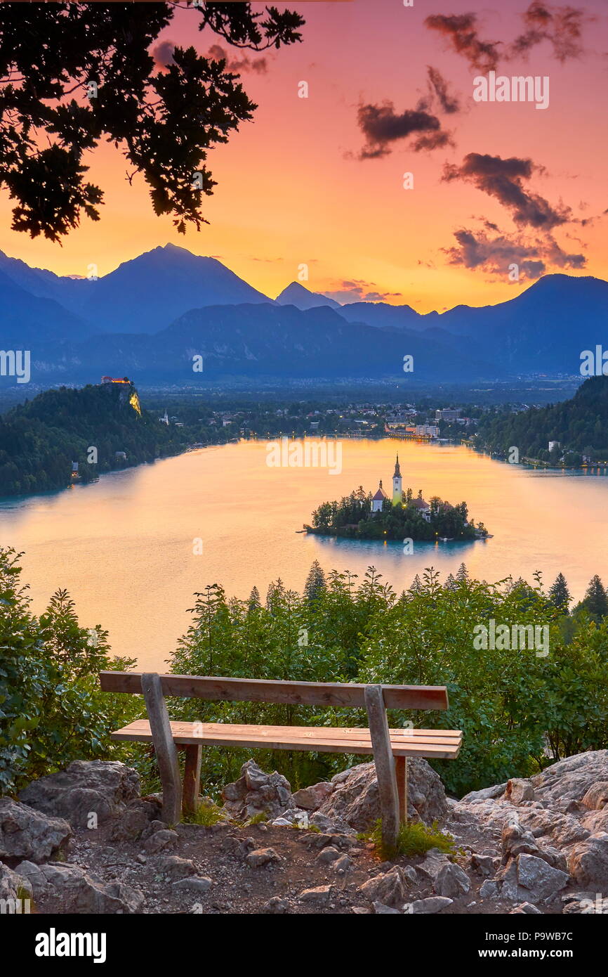 Lake Bled before sunrise, Triglav National Park, Julian Alps, Slovenia Stock Photo