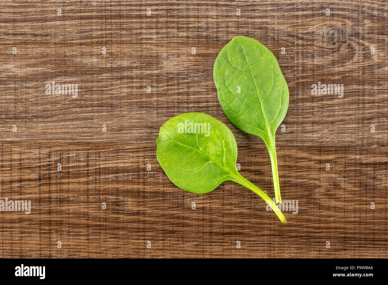 Fresh Baby Spinach Top View On Brown Wood Background Two Green Single Leaves Stock Photo Alamy