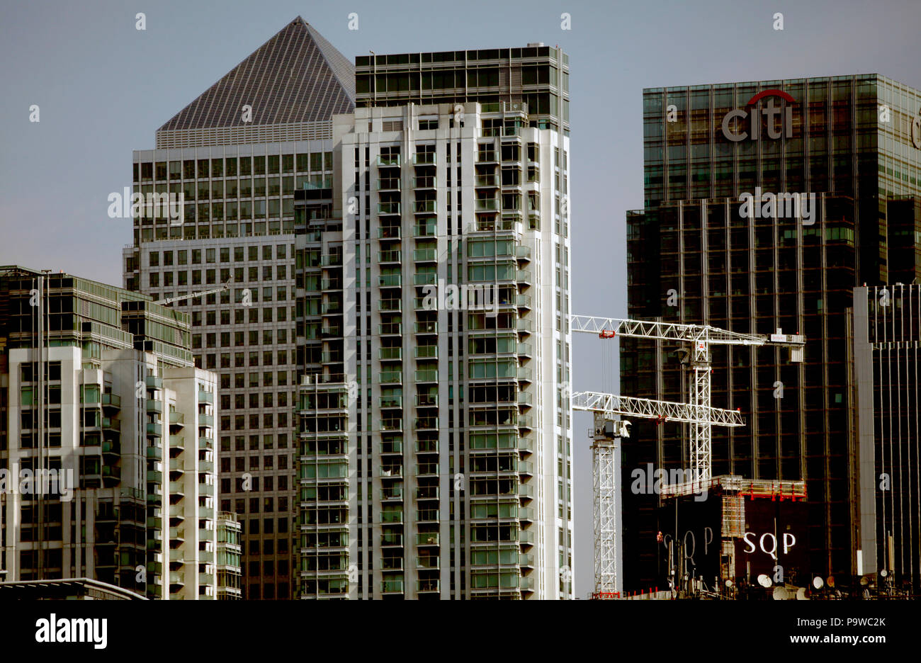 Office blocks are seen in the Canary Wharf financial district of London, Britain July 6, 2018 Stock Photo