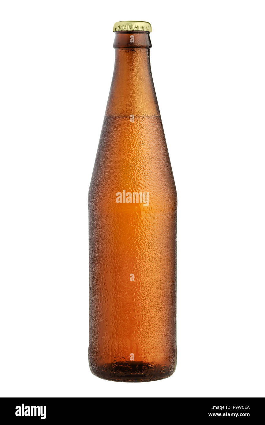 Glass bottle of brown, clipping path, cold beer, water drops on  Stock Photo