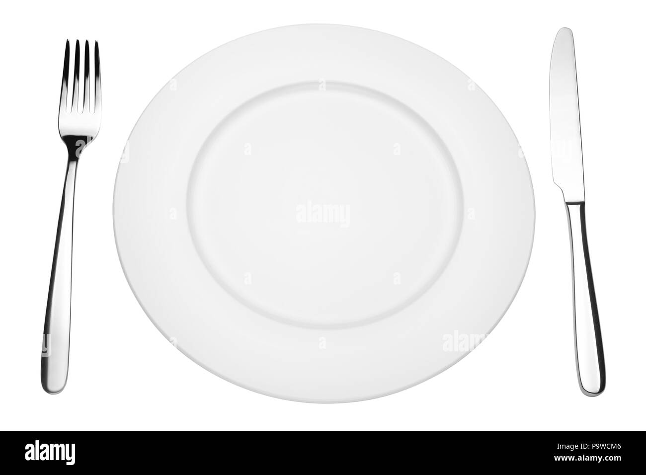 Empty plate, fork, knife, clipping path, white background, isola Stock Photo