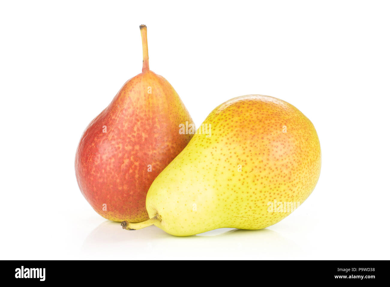 Group of two whole fresh red pear forelle variety ripe isolated on white Stock Photo