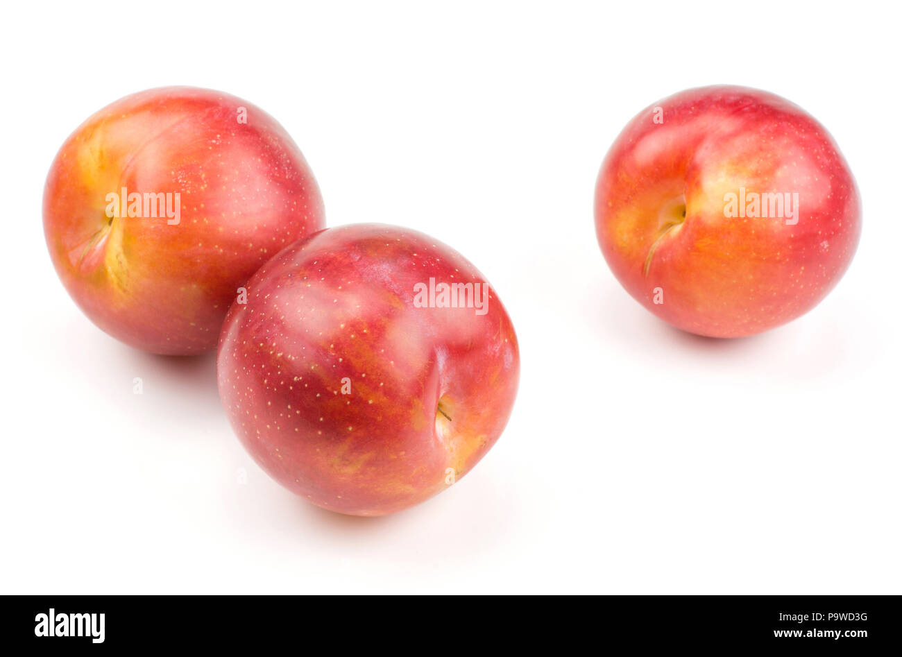 Plums three red orange isolated on white background Stock Photo