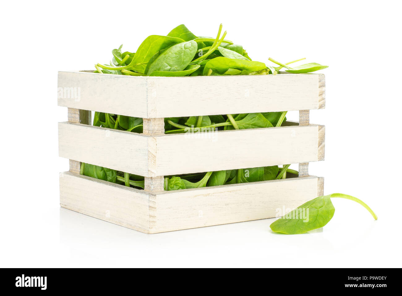 Fresh baby spinach leaves in a wooden box isolated on white background Stock Photo