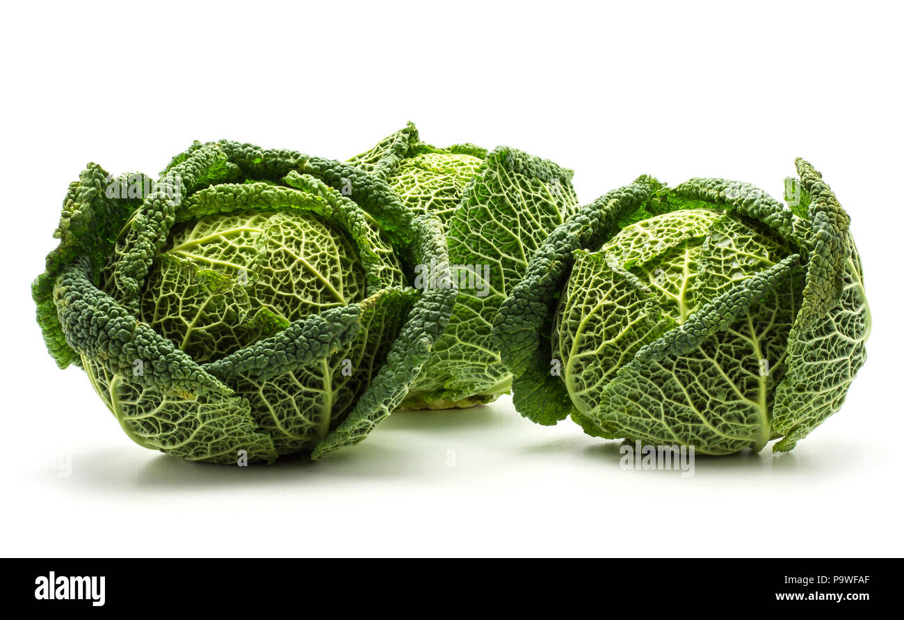 Savoy cabbage isolated on white background three fresh green heads ...