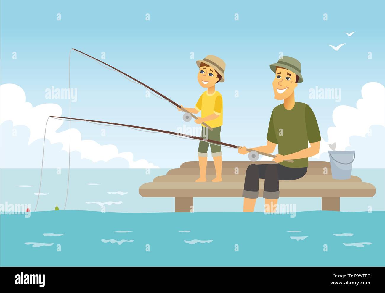 Father and son fishing - cartoon people characters illustration