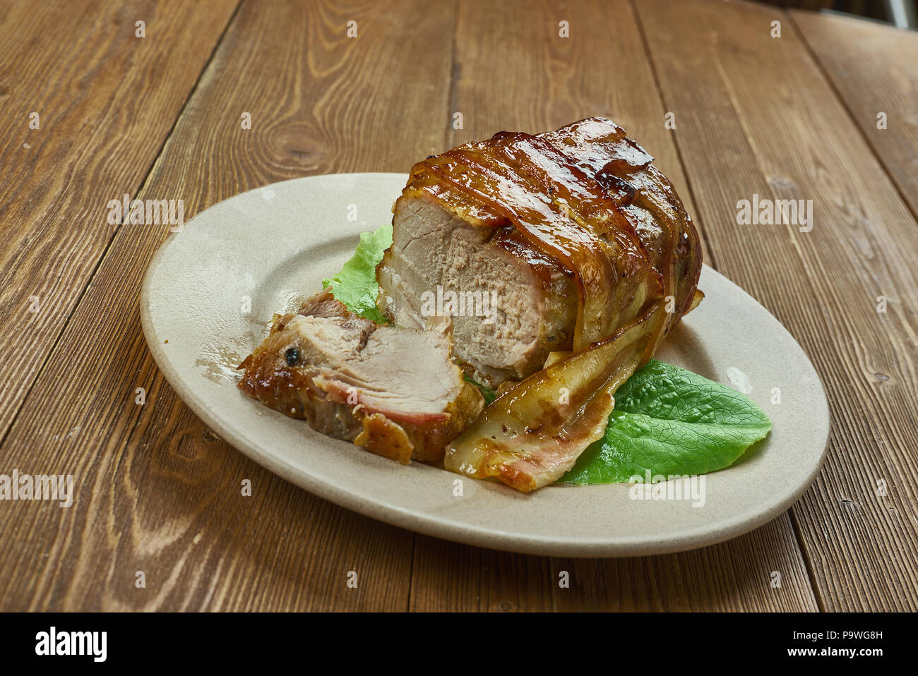 Apricot Glazed Bacon Wrapped Cajun Pork Tenderloin Stock Photo Alamy