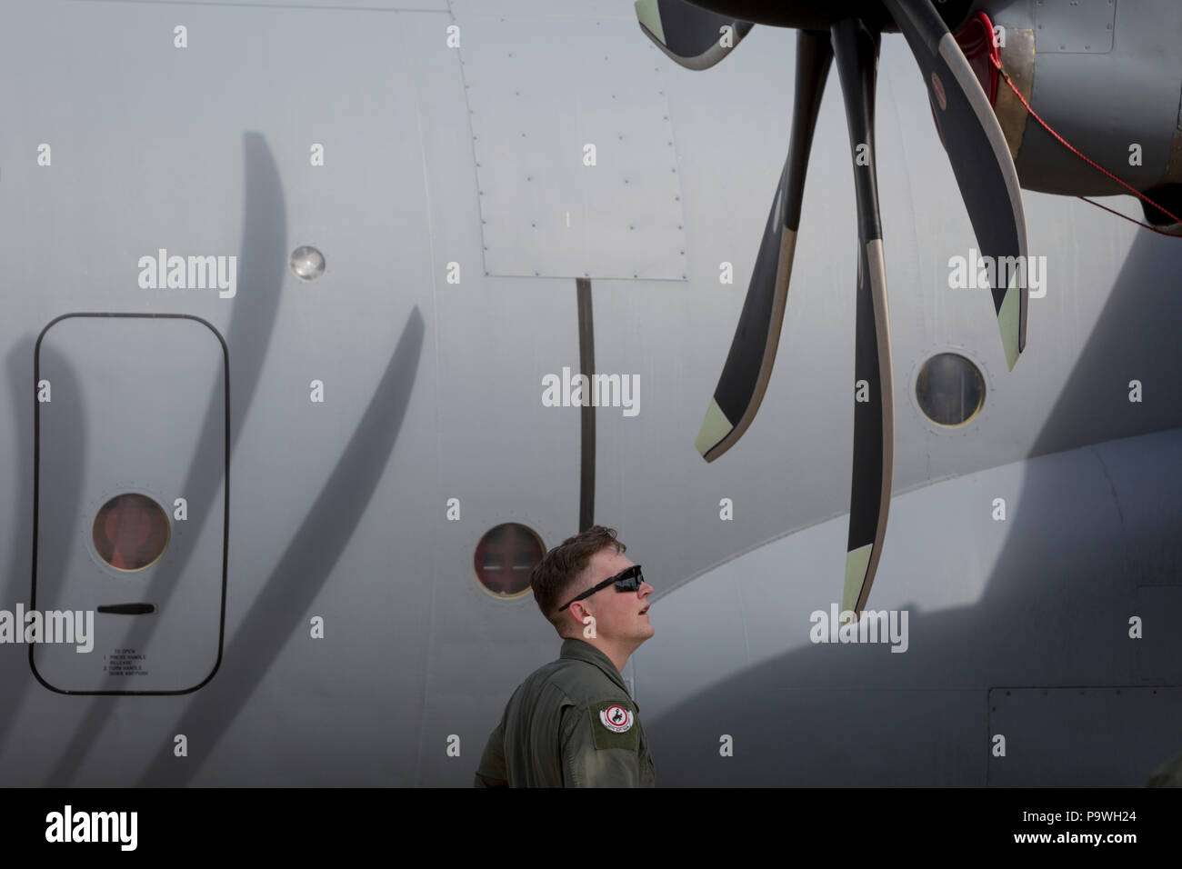 US Airforce personnel and his C-130 Hercules at the Farnborough Airshow, on 16th July 2018, in Farnborough, England. Stock Photo