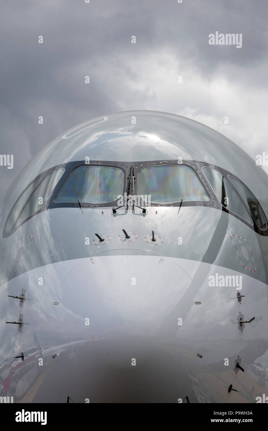 Nose detail of a Qatar Airways Airbus A350-1000 at the Farnborough Airshow, on 18th July 2018, in Farnborough, England. Stock Photo