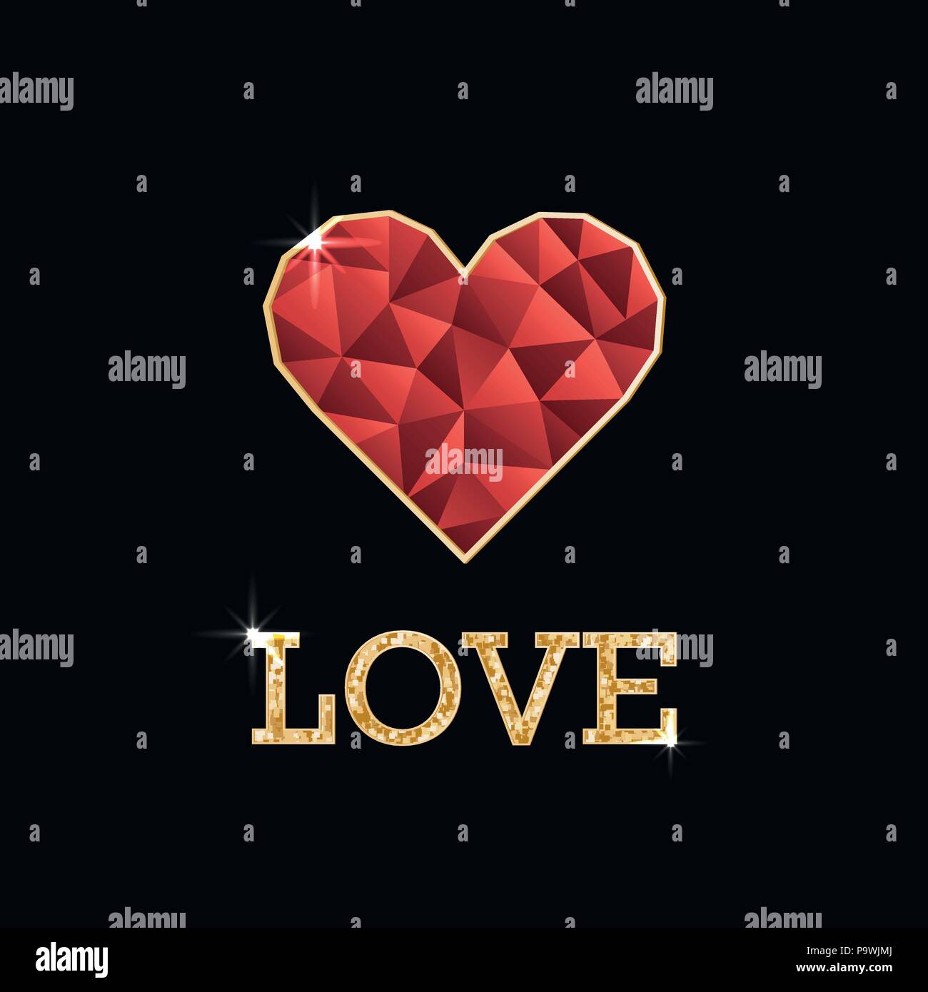 Illustration with polygonal red heart and golden inscription love ...