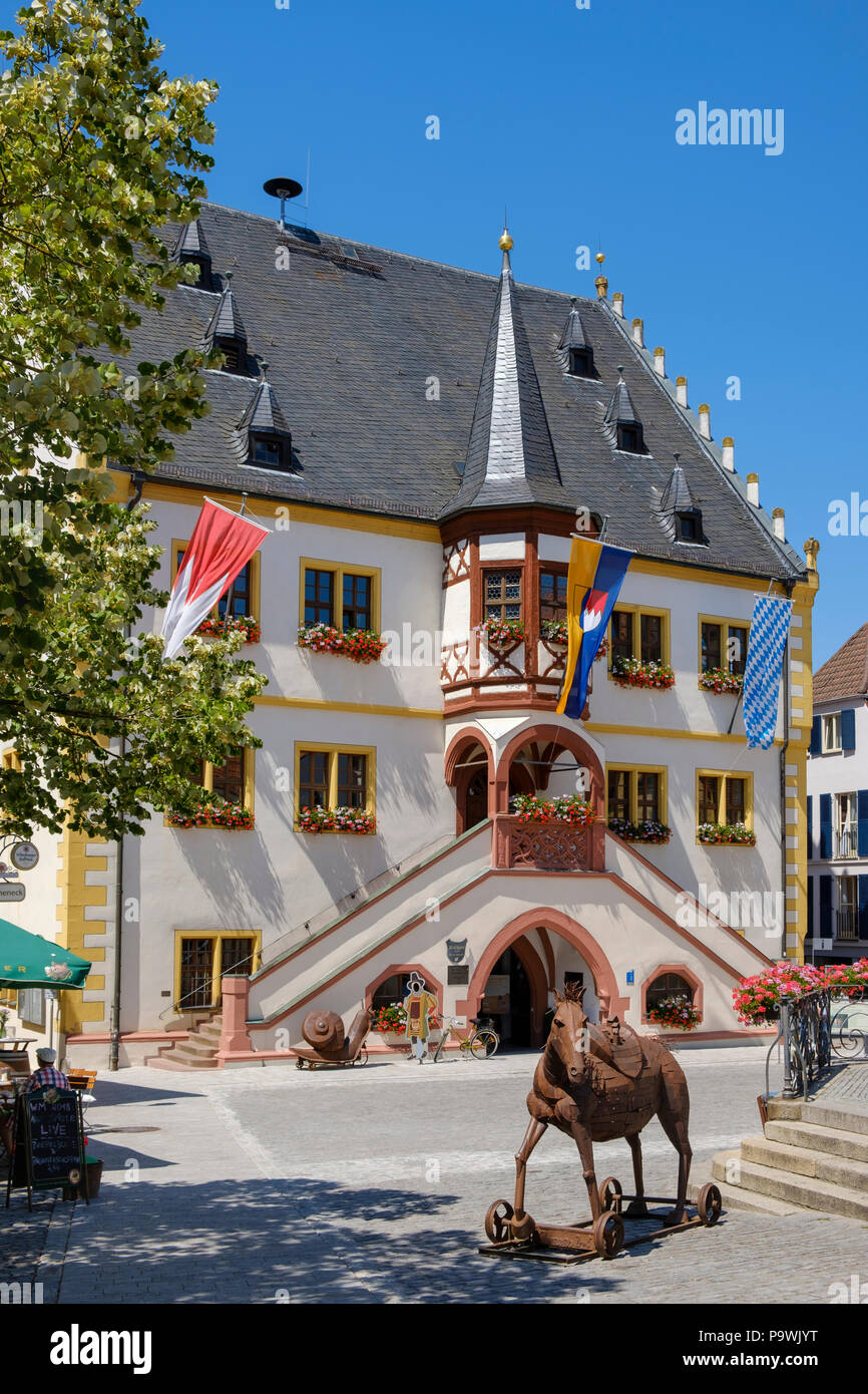 Town Hall, Market Square, Volkach, Lower Franconia, Mainfranken, Franconia, Bavaria, Germany Stock Photo
