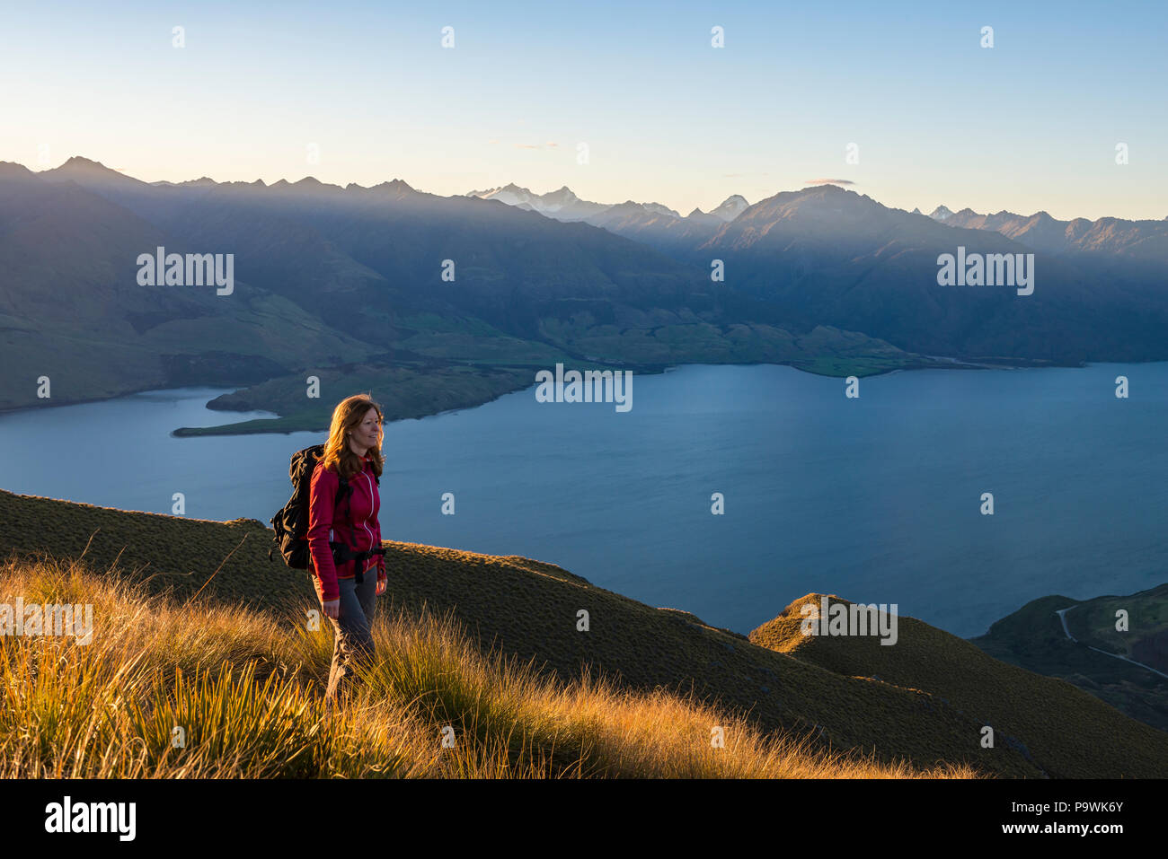 Female hiker at Isthmus Peak, Lake Wanaka and mountain panorama at atmospheric evening light, Otago, South Island, New Zealand Stock Photo