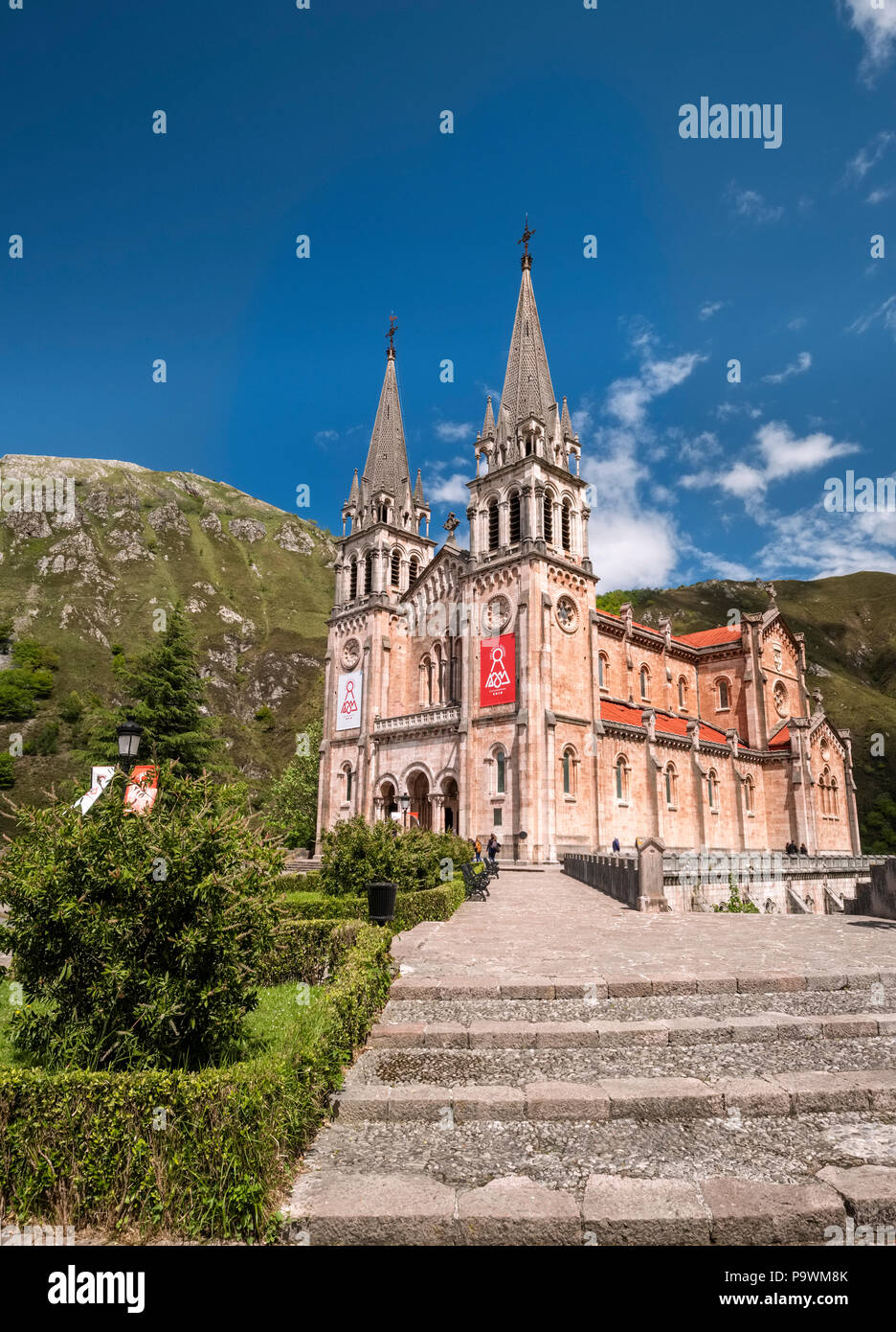 Basilica of Covadonga, Santa Maria la Real Basilica, Picos de Europa National Park, Covadonga, Cangas de Onís, Asturias, Spain Stock Photo