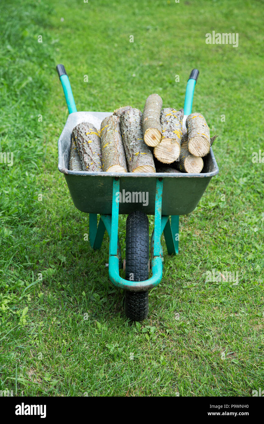 hand truck with firewood on the green grass Stock Photo Alamy