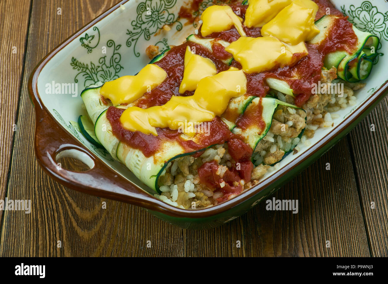 Zucchini Enchiladas RollUps with Tomatillo Sauce Stock Photo Alamy