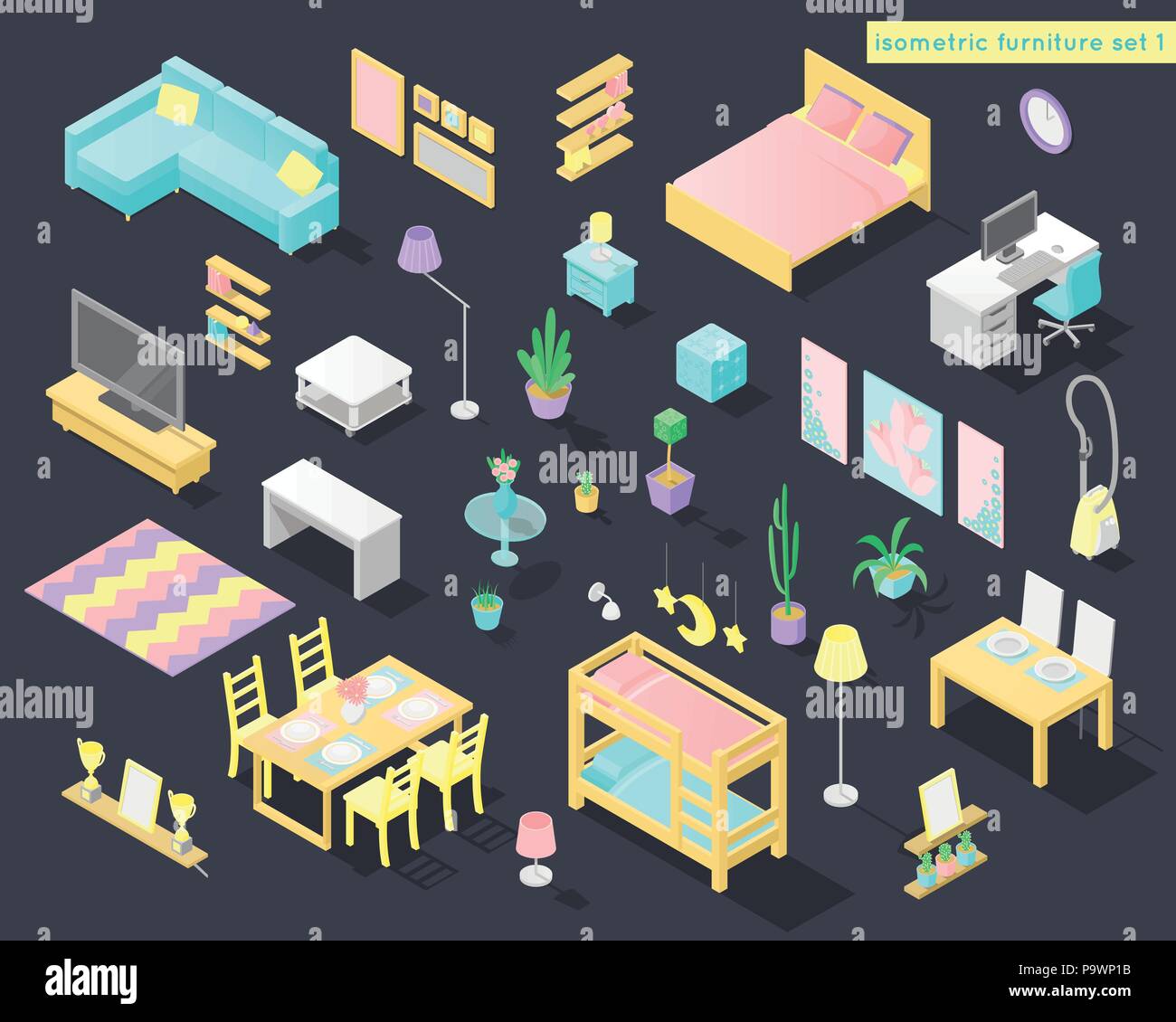 Vector big set of low poly isometric furniture and decoration for home ...
