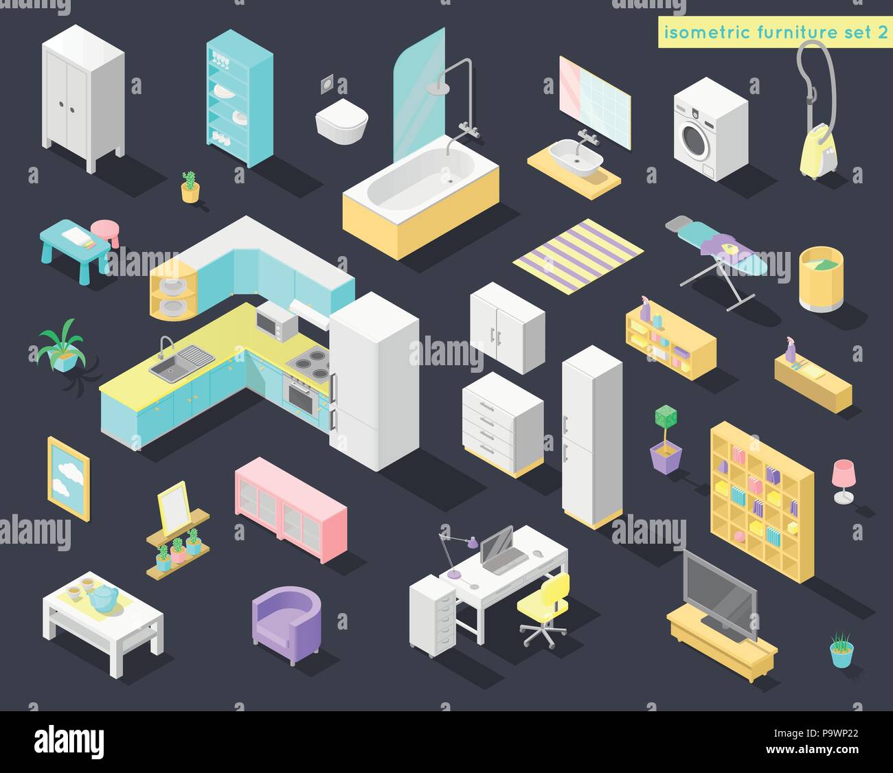 Vector big set of low poly isometric furniture and decoration for home ...