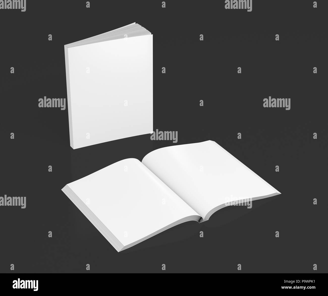 Blank white vertical soft cover books open and standing on black