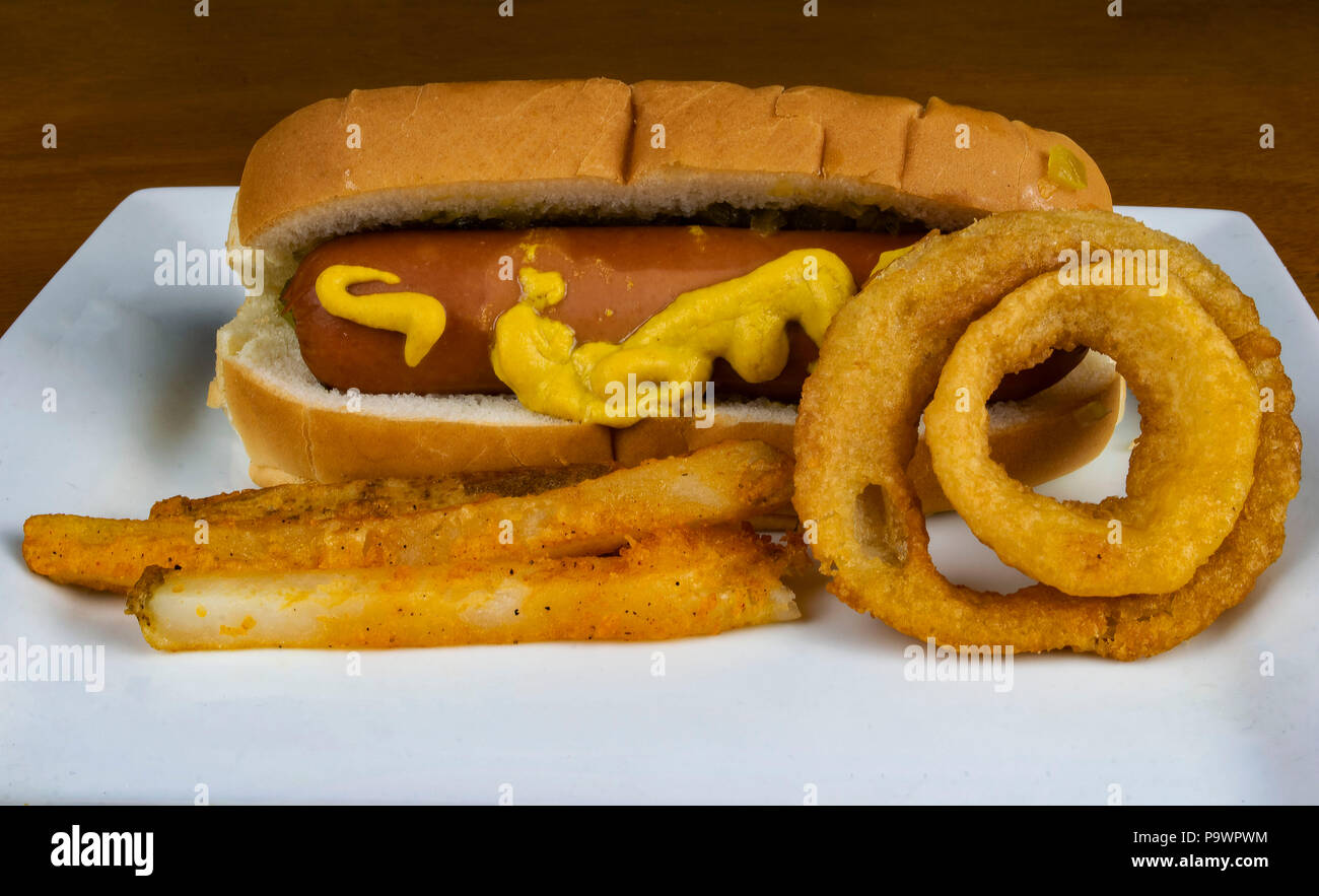 hot dog fries onion rings Stock Photo Alamy