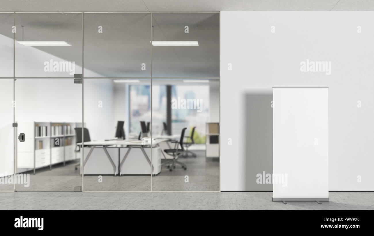 Blank Roll Up Banner Stand In Modern Office With Clipping Path