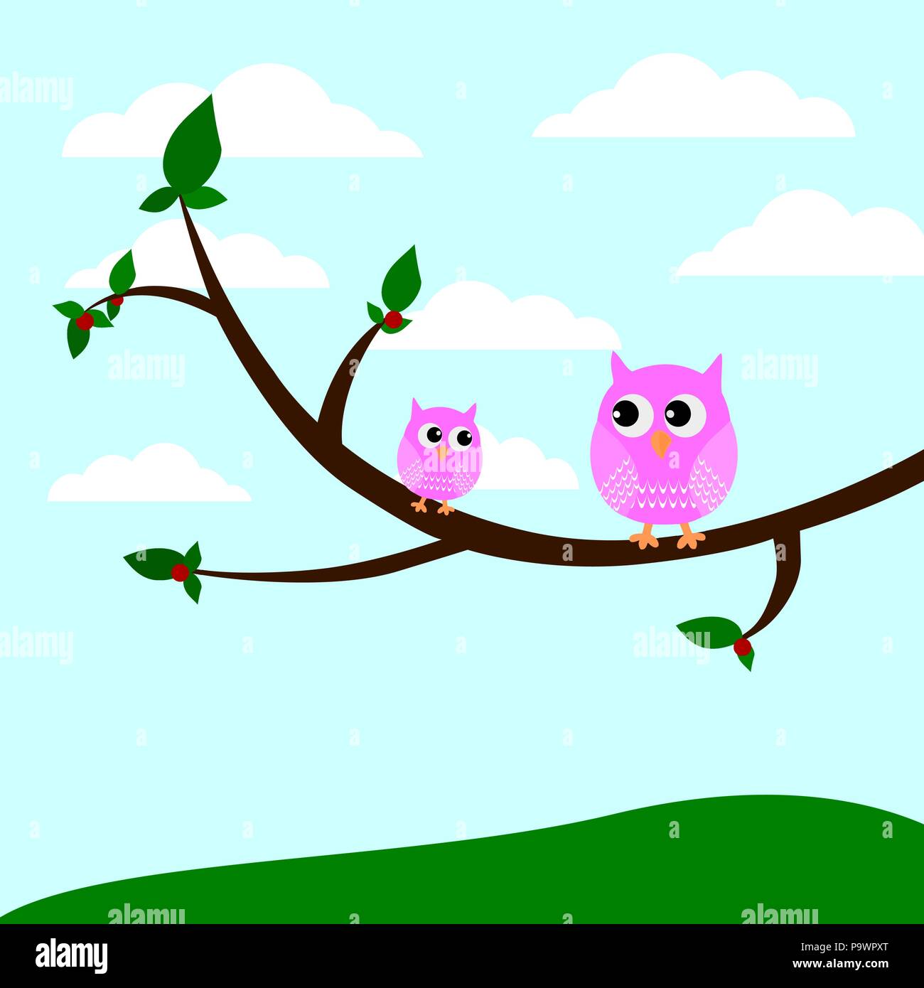 Two pretty owls sitting on a branch of a tree vector Stock Vector Image ...