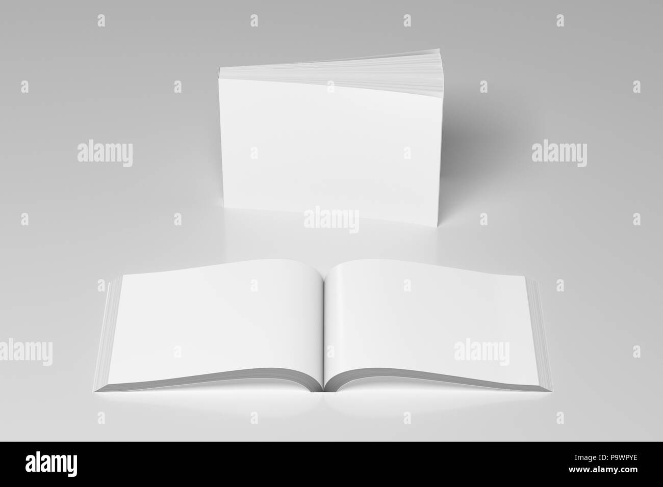 Blank white horizontal soft cover books open and standing on white ...